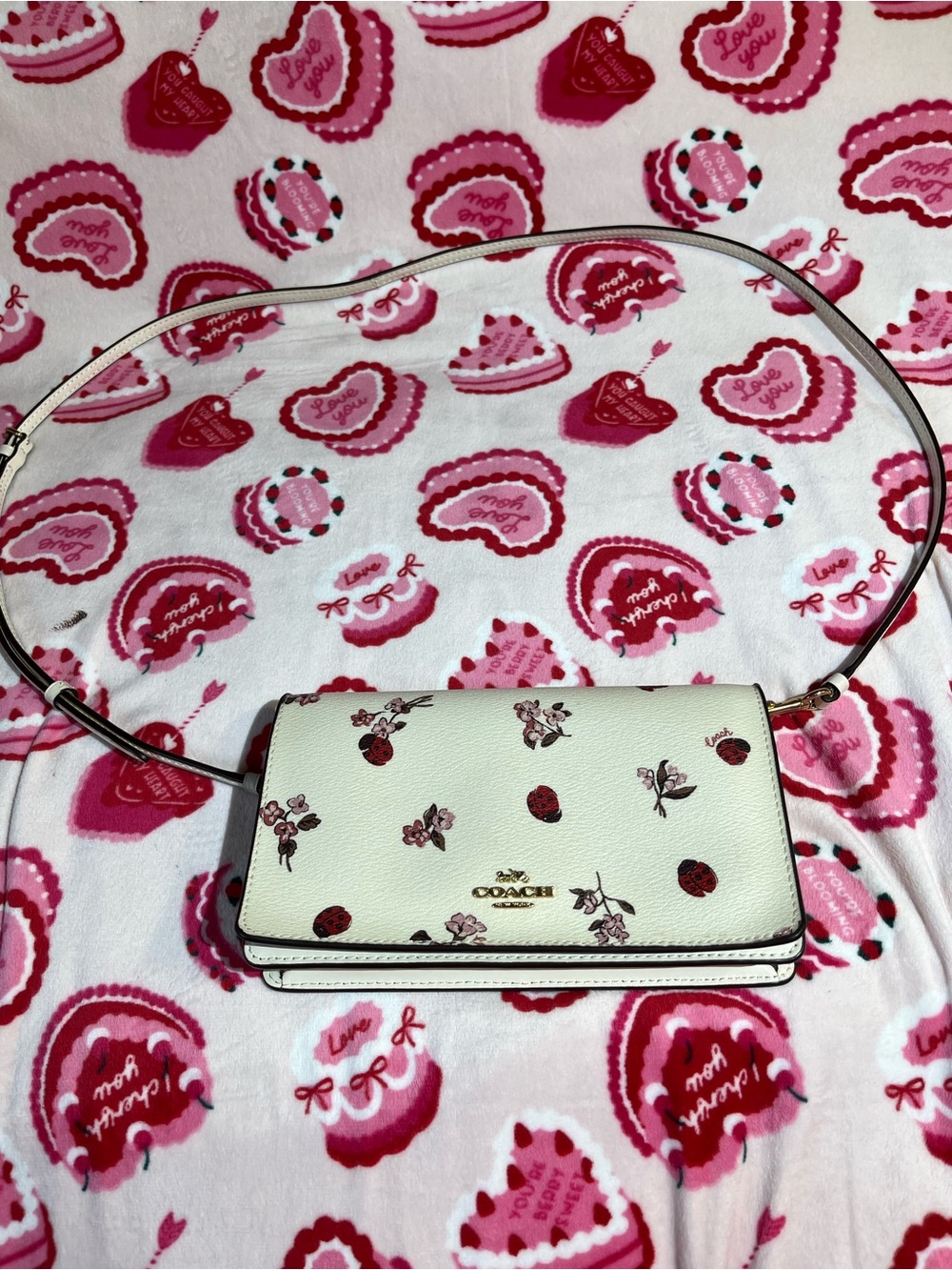 Coach White Crossbody Wallet with Pink Floral & ladybug Print
